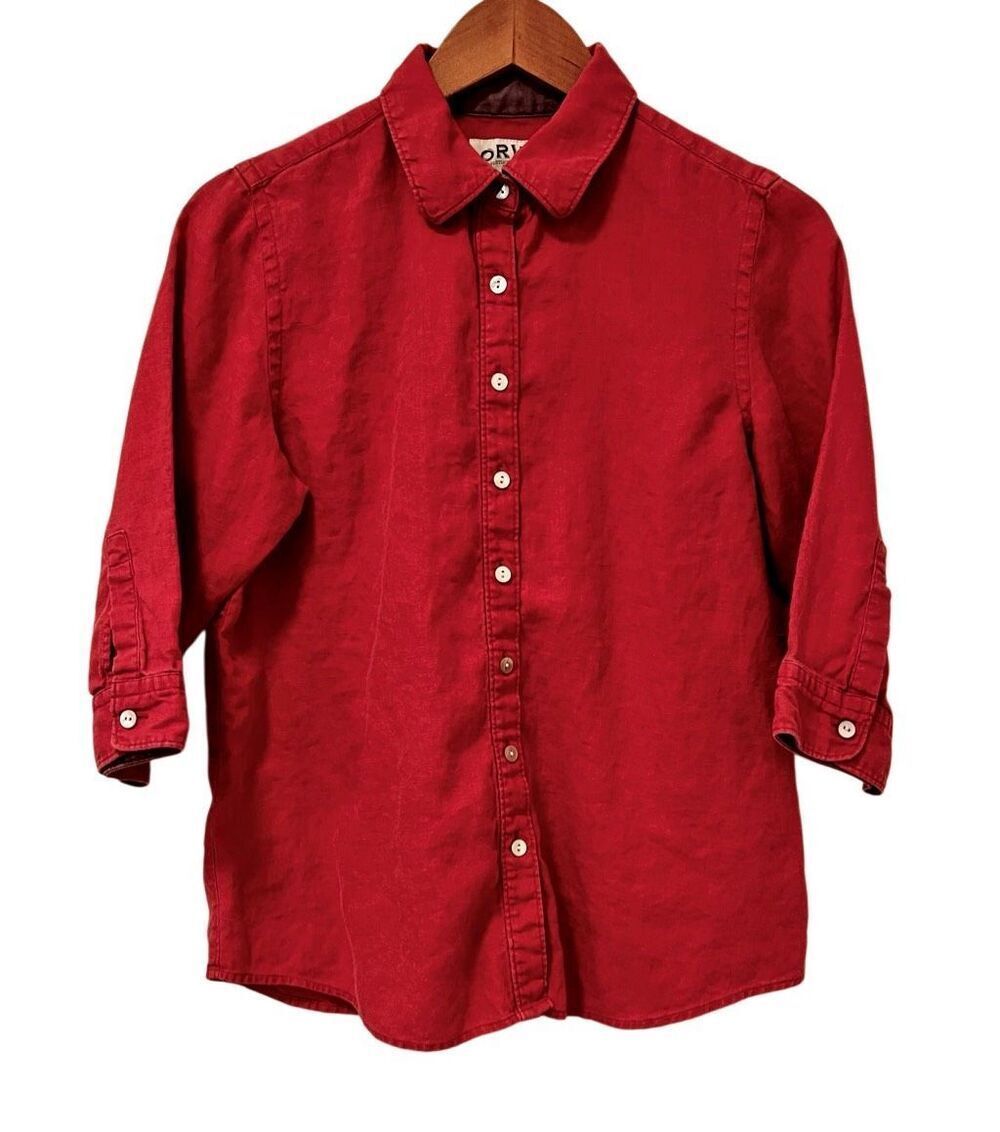 Orvis Women's Button Down Long Sleeve 100% Linen Top Shirt, Salmon Pink Red Sz S